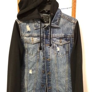 Men's distressed,  Fleece hooded denim jacket